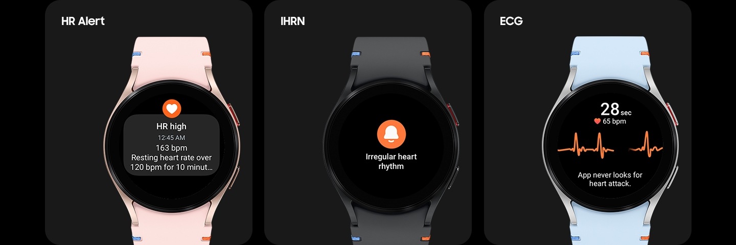 Từ trái sang phải: Galaxy Watch FE màu vàng hồng, Galaxy Watch FE màu đen và Galaxy Watch FE màu bạc. Galaxy Watch FE màu vàng hồng với dây đeo màu hồng nhìn từ mặt trước. Mặt đồng hồ hiển thị giao diện nhịp tim, biểu thị nhịp tim cao 163 bpm, kèm theo thời gian đo. Galaxy Watch FE màu đen với dây đeo màu đen nhìn từ phía trước. Mặt đồng hồ hiển thị cảnh báo nhịp tim không đều kèm theo thông báo 'Nhịp tim không đều'. Galaxy Watch FE màu bạc với dây đeo màu xanh da trời được nhìn từ phía trước. Mặt đồng hồ hiển thị nhịp tim của người dùng theo giây, BPM và biểu đồ ECG. Thông báo bên dưới biểu đồ có nội dung 'Ứng dụng không bao giờ tìm kiếm cơn đau tim.