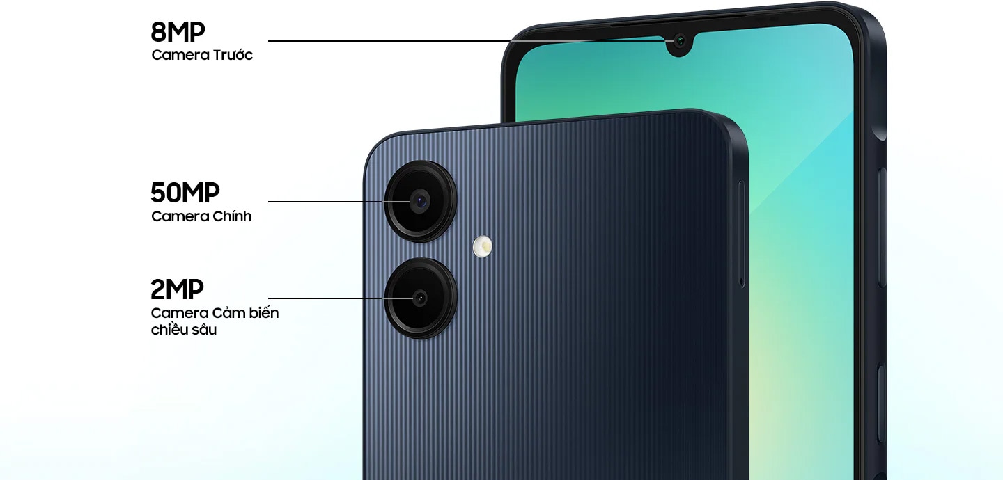 Thông số camera của Galaxy A06 có nội dung “Camera trước 8MP”, “Camera chính 50MP” và “Camera chiều sâu 2MP”.