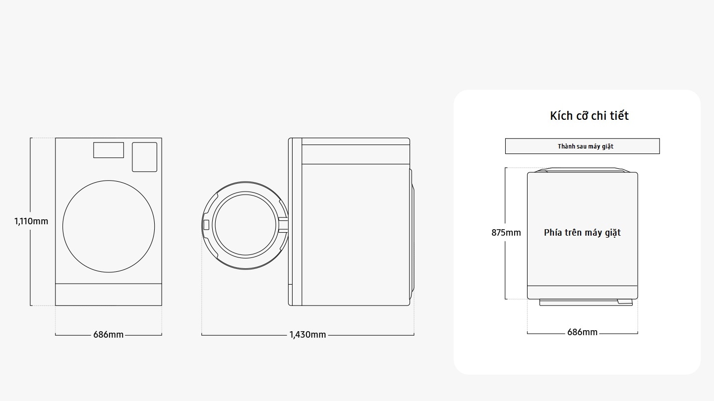 Kích thước của một Combo giặt là: rộng 686mm, cao 1.110mm. Kích thước chi tiết: từ tường sau nhìn từ trên xuống, độ sâu là 875mm khi cửa đóng và 1.430mm khi mở.