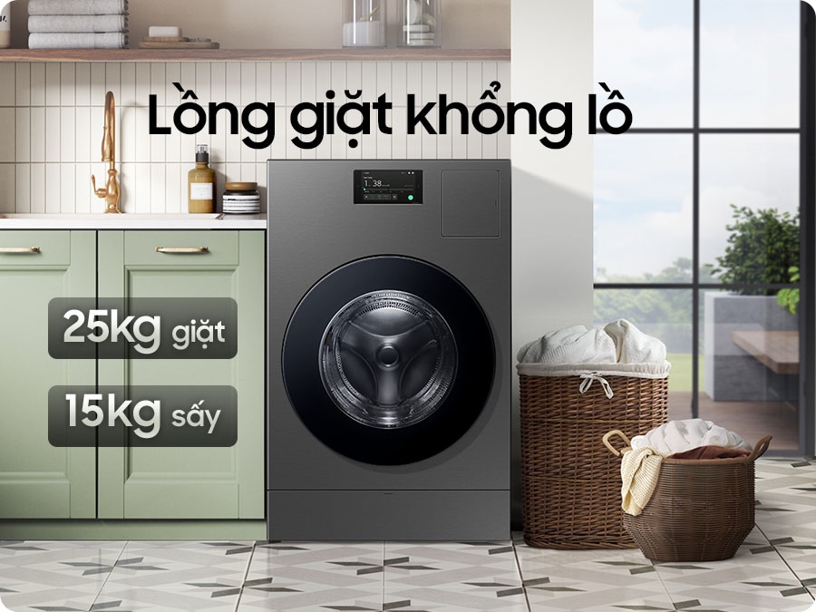 Combo Giặt là được lắp đặt trong phòng tiện ích hiện đại, bên cạnh bồn rửa xanh có hai giỏ đựng đồ giặt đầy đủ bên cạnh.