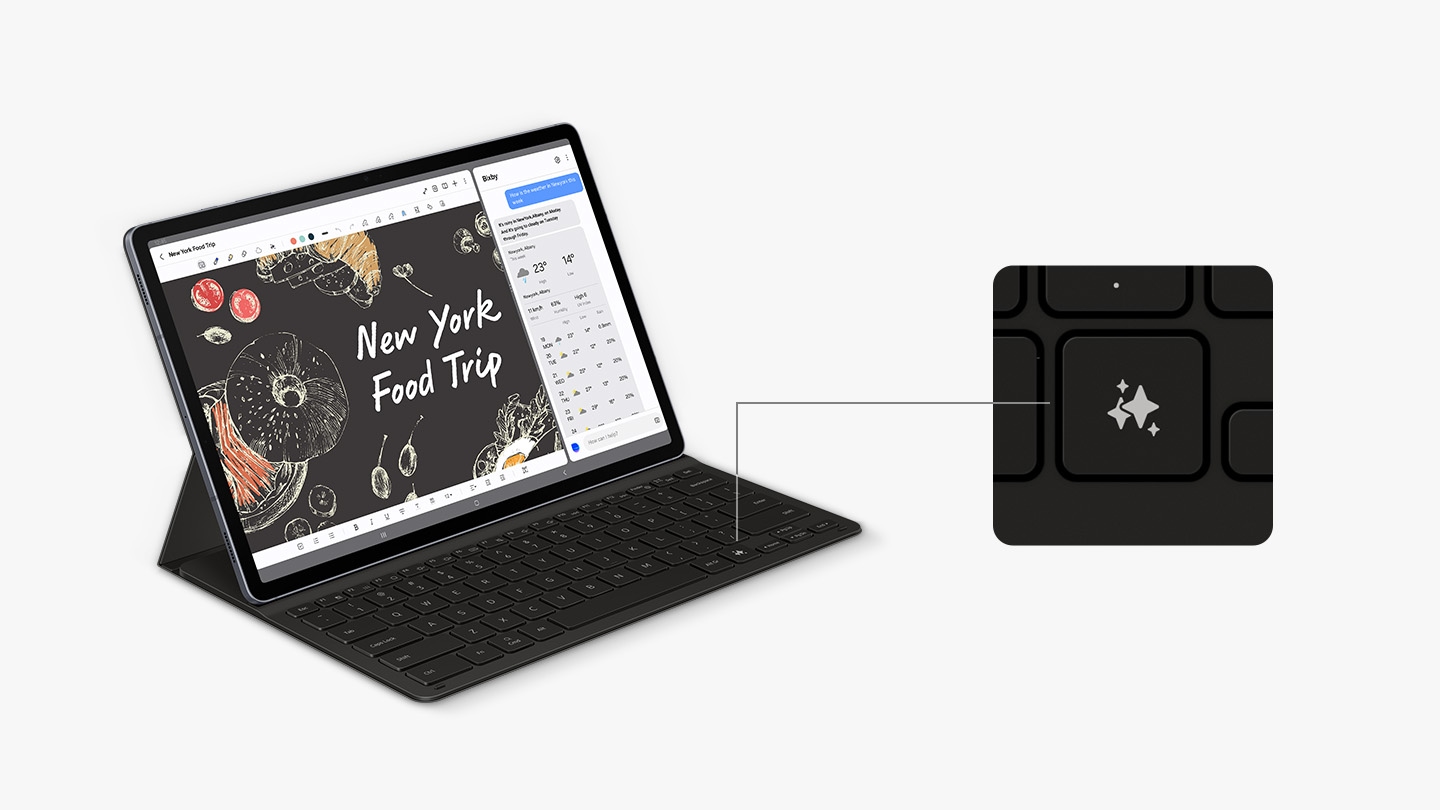 Thiết bị Galaxy Tab S10 Plus với Bao da Bàn phím được gắn nghiêng sang phải, hiển thị ứng dụng Note Assist trên màn hình. Màn hình được chia đôi để hiển thị cuộc trò chuyện với Bixby ở một bên. Ảnh cận cảnh làm nổi bật Phím Galaxy AI trên bàn phím, hiển thị vị trí của phím.
