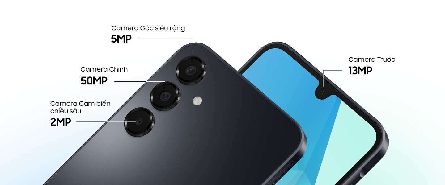 Hai thiết bị Galaxy A16. Một góc nhìn từ phía sau, trưng bày Camera siêu rộng 5MP, Camera chính 50MP và Camera macro 2MP. Mặt còn lại nhìn từ phía trước, nổi bật là Camera trước 13MP.