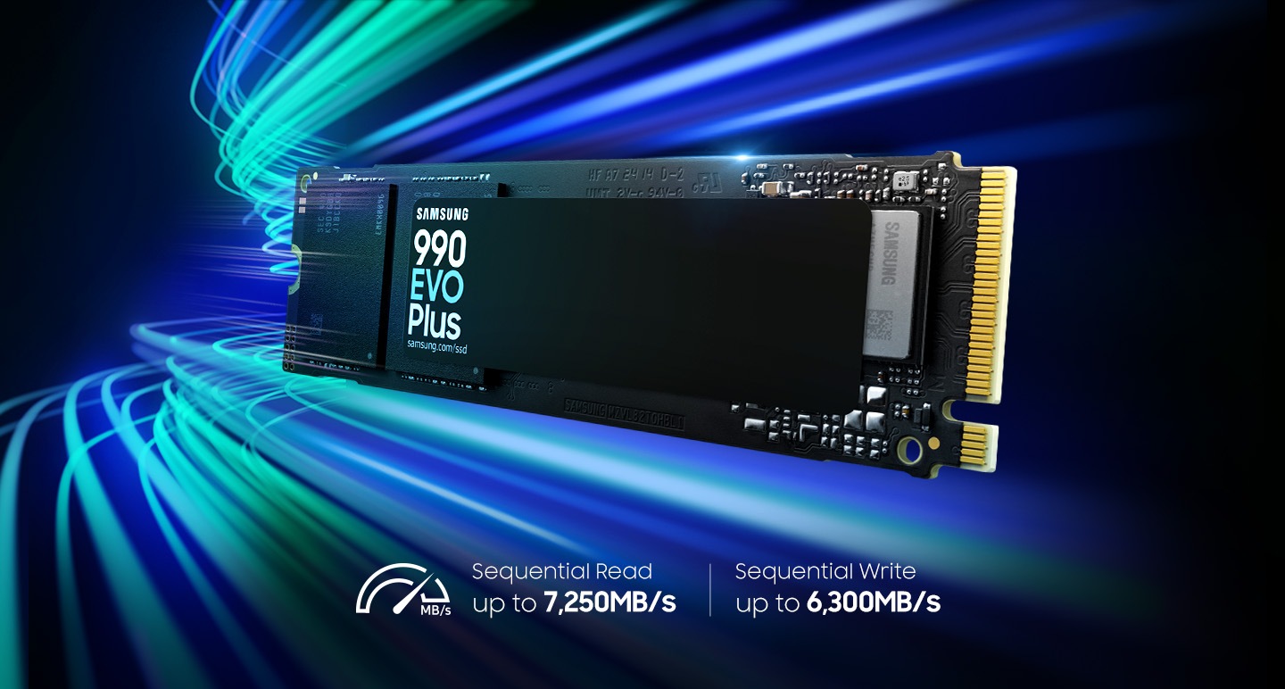 Với nhiều đường cong, 990 EVO Plus trông như đang di chuyển với tốc độ cao. Bên dưới là các biểu tượng với dòng chữ "Tốc độ đọc tuần tự lên đến 7,250MB/s", "Tốc độ ghi tuần tự lên đến 6,300MB/s".