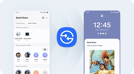 Màn hình của điện thoại bên trái liệt kê các tệp và danh bạ có sẵn để chia sẻ, trong khi điện thoại bên phải hiển thị thông báo về quá trình chuyển 'Chia sẻ nhanh' đến với bản xem trước các hình ảnh được chia sẻ, biểu tượng Chia sẻ nhanh ở giữa.