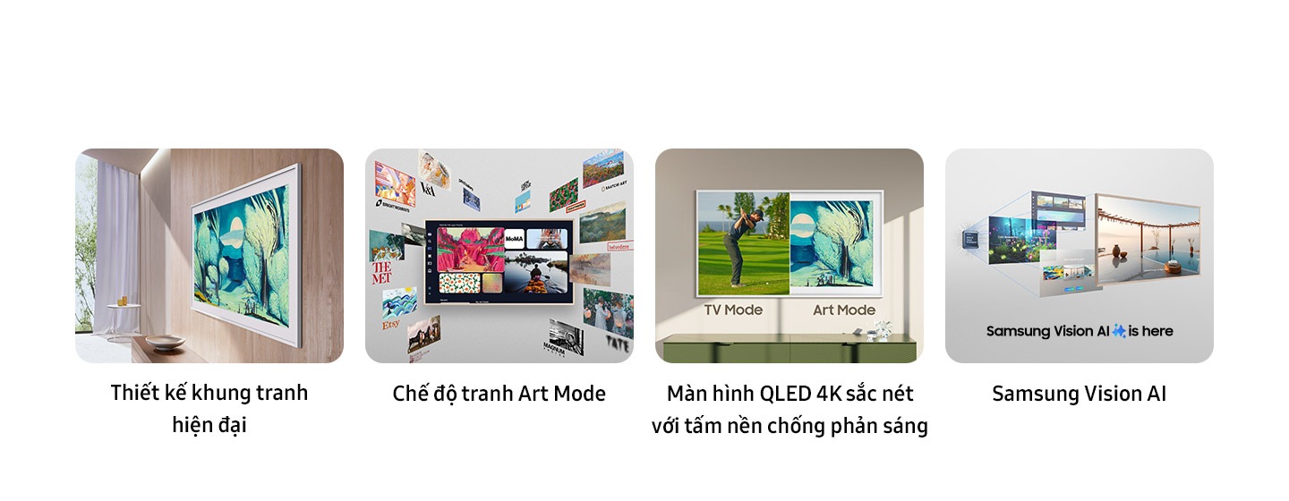 Các tính năng chính của The Frame. Thiết kế khung hiện đại, Chế độ nghệ thuật, Chất lượng hình ảnh nghệ thuật với QLED hiển thị Chế độ TV và Chế độ nghệ thuật, logo Samsung Vision AI ở đây.