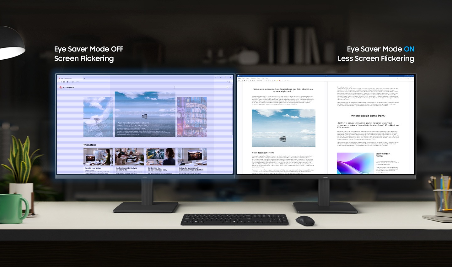 Trên bàn, màn hình đã tắt Chế độ Eye Saver và màn hình bật Chế độ Eye Saver được đặt cạnh nhau.
