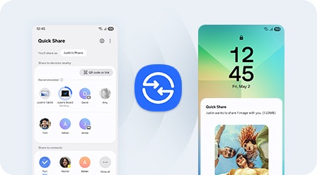 Màn hình điện thoại bên trái liệt kê các tệp và danh bạ có thể chia sẻ, trong khi điện thoại bên phải hiển thị thông báo về lệnh truyền 'Chia sẻ nhanh' đến với bản xem trước của hình ảnh được chia sẻ, biểu tượng Chia sẻ nhanh ở giữa.