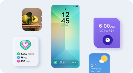 Màn hình khóa điện thoại thông minh hiển thị Samsung Health Running tracker trong Now Bar ở cuối màn hình, với các tiện ích cho Gallery, Daily Activity, Alarm và Weather hiển thị xung quanh màn hình.