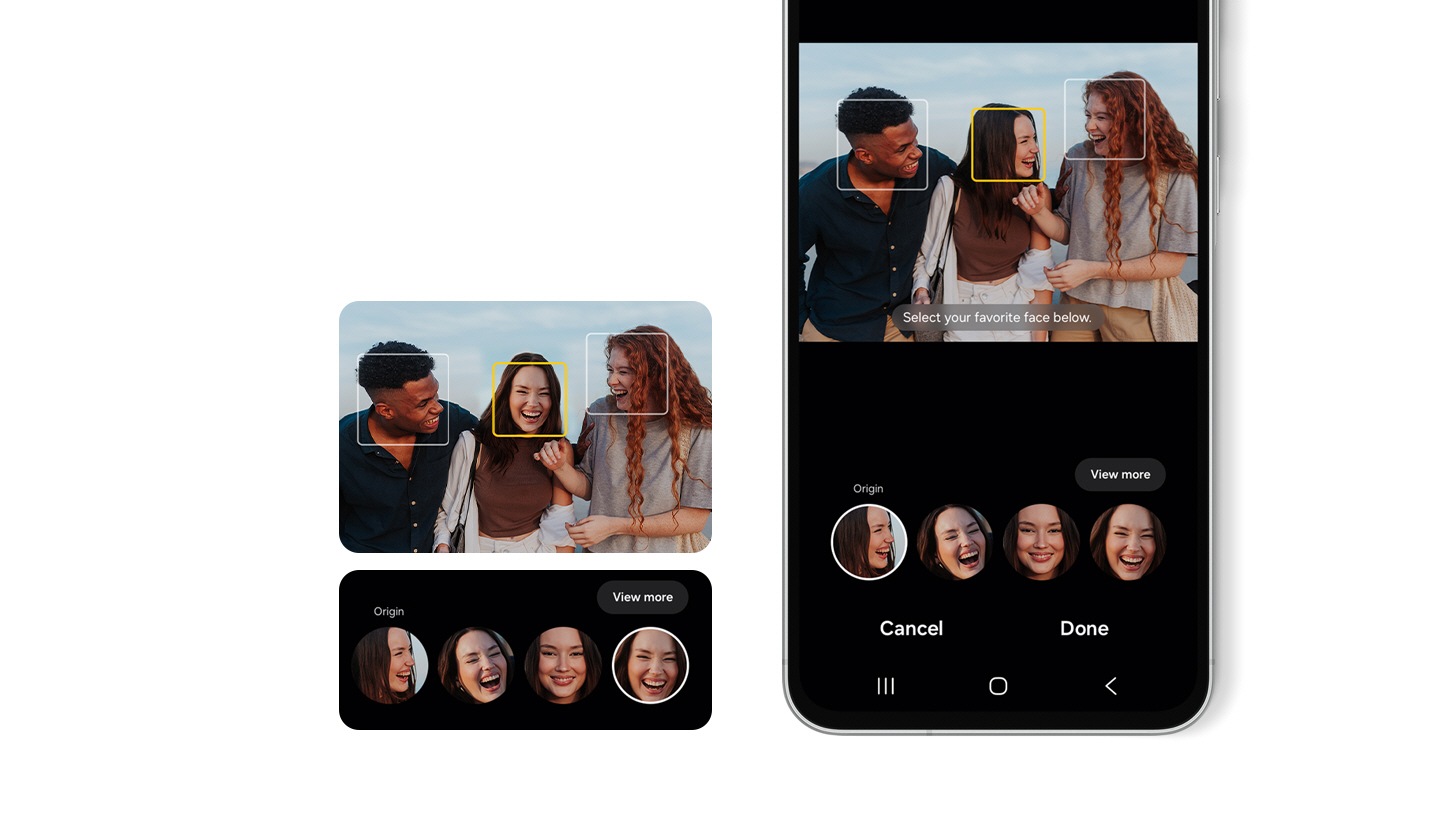Bên trái là GUI của tính năng Best Face. Bên phải là một phần của Galaxy A56 5G với tính năng Best Face trên màn hình. Mỗi khuôn mặt của ba người nằm trong một hộp có văn bản Chọn khuôn mặt yêu thích của bạn bên dưới.
