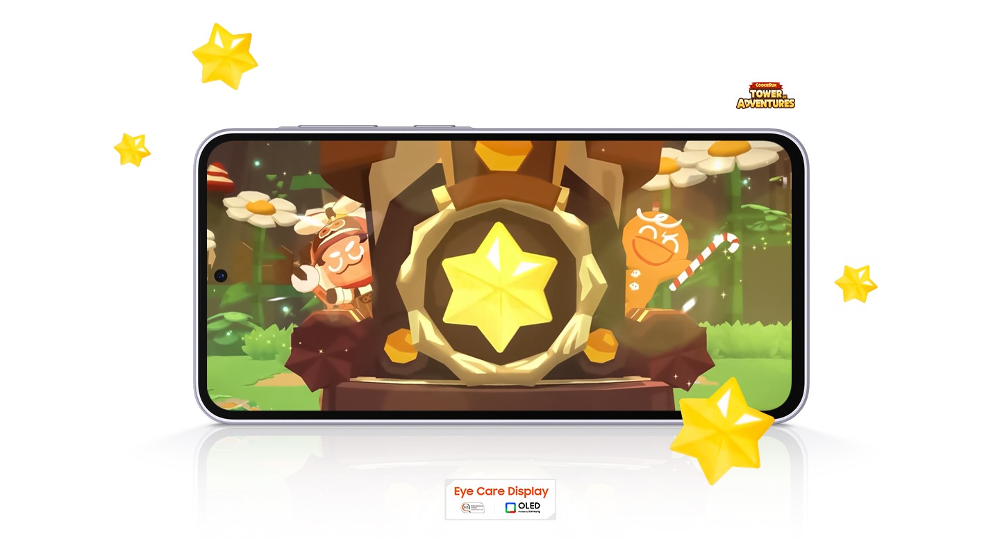 Galaxy A36 5G được đặt theo chiều ngang. Cookie Run: Tower of Adventures đang ở trên màn hình. Các vật phẩm trong trò chơi được đặt ngẫu nhiên bên ngoài màn hình. Logo Cookie Run: Tower of Adventures nằm ở góc trên bên phải. Văn bản Eye Care Display, biểu tượng hiệu suất SGS và logo công nghệ OLED nằm ở phía dưới.