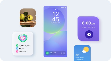 Màn hình khóa điện thoại thông minh hiển thị ứng dụng theo dõi chạy bộ Samsung Health trên Now Bar ở cuối màn hình, với các tiện ích cho Thư viện, Hoạt động hàng ngày, Báo thức và Thời tiết hiển thị xung quanh màn hình.