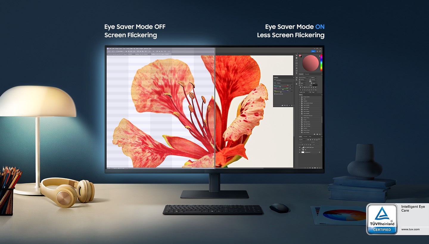 2) Màn hình được chia làm hai phần, Chế độ Bảo vệ Mắt tắt ở màn hình bên trái với hiện tượng nhấp nháy màn hình. Và ở màn hình bên phải, chế độ này được bật và hiện tượng nhấp nháy màn hình giảm đi. Logo TUV Rheinland với chứng nhận Intelligent Eye Care được hiển thị ở góc dưới bên phải của màn hình. Logo hiển thị địa chỉ trang web, www.tuv.com.
