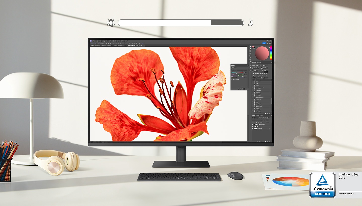 1) Độ sáng trên màn hình thay đổi dựa trên nguồn sáng từ bên ngoài. Logo TUV Rheinland với chứng nhận Intelligent Eye Care được hiển thị ở góc dưới bên phải của màn hình. Logo hiển thị địa chỉ trang web, www.tuv.com