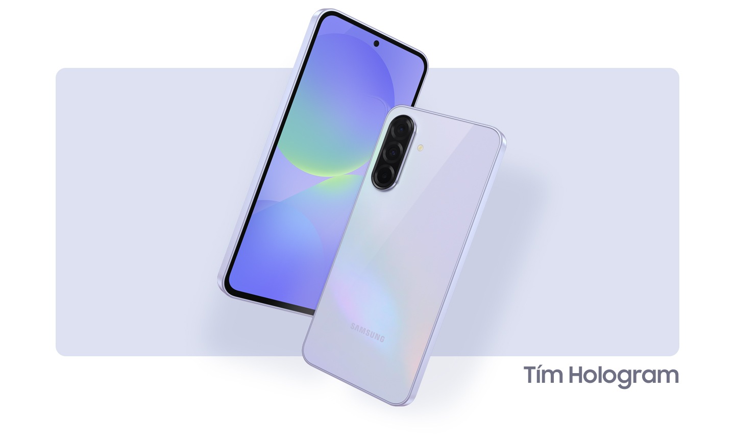 Hai thiết bị Galaxy A36 5G trong Tím Hologram. Một thiết bị hiển thị mặt trước với đồ họa trừu tượng trên màn hình. Thiết bị còn lại hiển thị bố cục camera và mặt sau trong Tím Hologram.