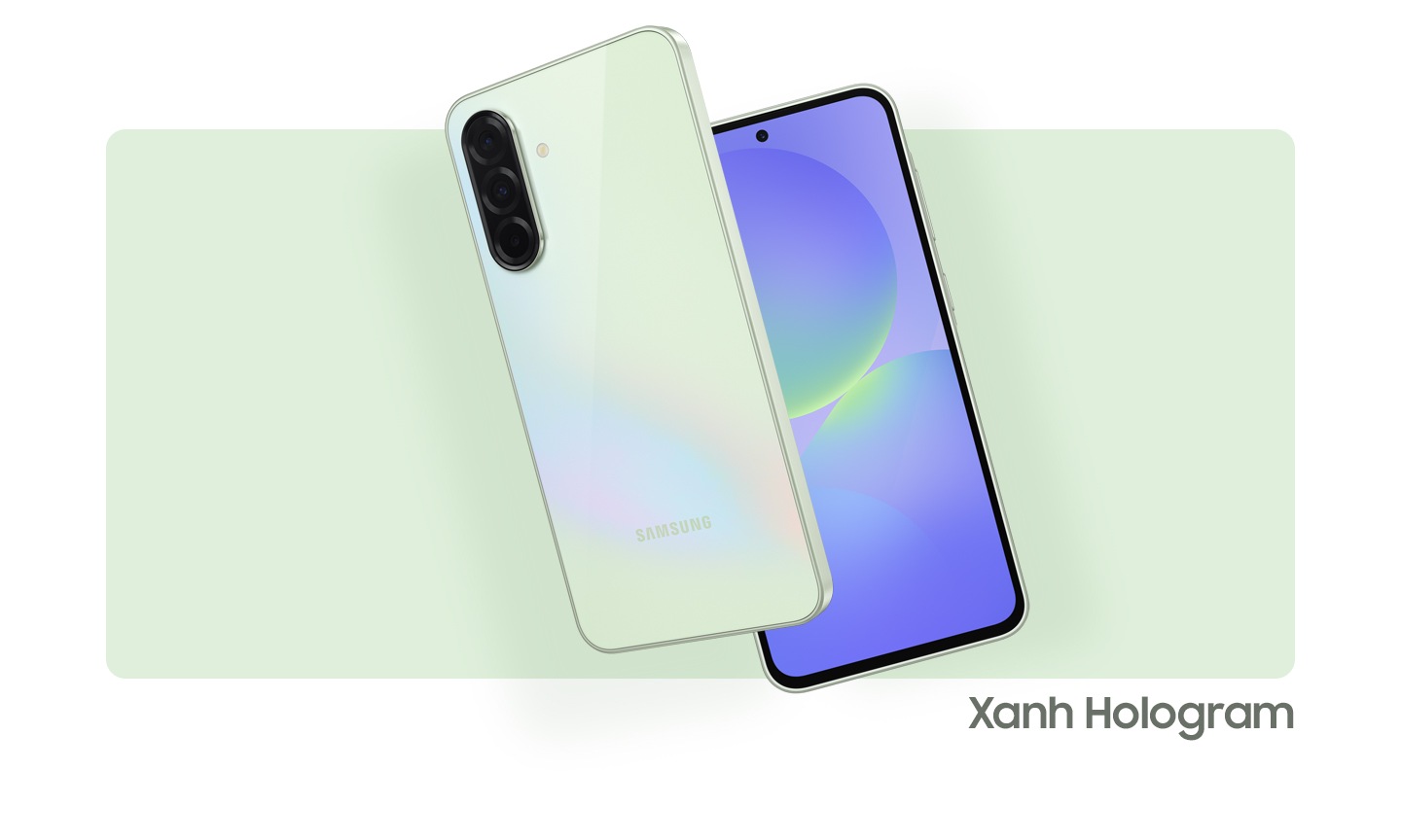 Hai thiết bị Galaxy A36 5G trong Xanh Hologram. Một thiết bị hiển thị mặt trước với đồ họa trừu tượng trên màn hình. Thiết bị còn lại hiển thị bố cục camera và mặt sau trong Xanh Hologram.