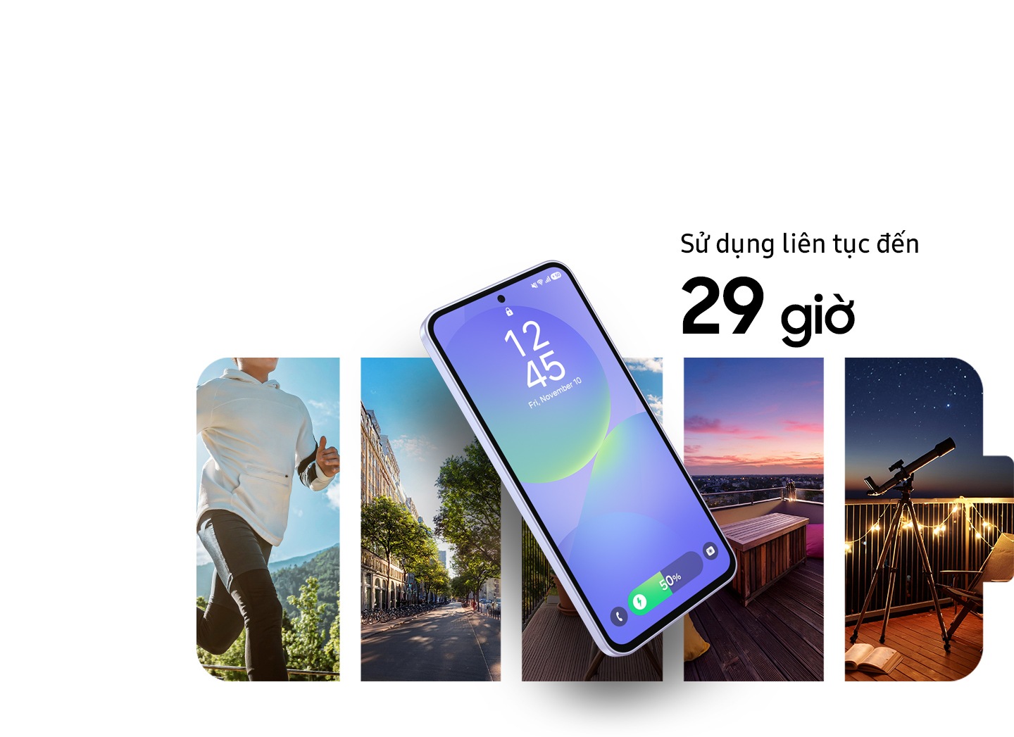 Có thể thấy Galaxy A36 5G với trang khóa trên màn hình. Phía sau là một người đang chạy, cảnh quan thành phố, mái nhà lúc hoàng hôn và một chiếc kính thiên văn trên mái nhà hướng về bầu trời đêm. Văn bản Xem lên đến 29 giờ ở phía trên bên phải.