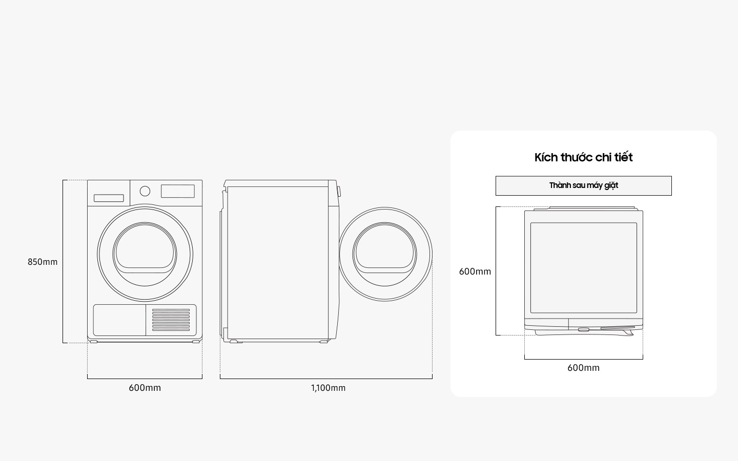 Illustration shows the Dryer’s dimensions from the front, side, and top. Detail size is measured 600mm in width, 850mm in height, and 650mm in depth. When the door in the front is opened, it measures 1,100mm in total width. The washer must be installed with some spacing from the rear wall.