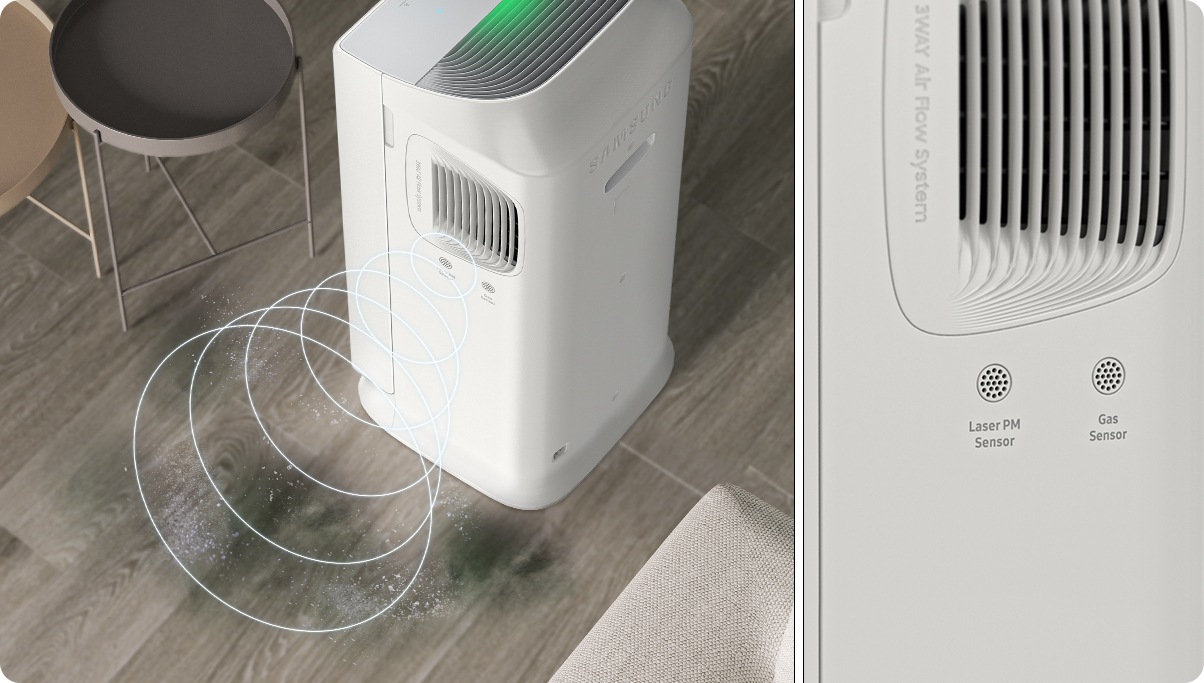 Vòng tròn hình nón cho thấy Cảm biến PM Laser phát hiện các hạt thông qua tia laser. Nó nằm cạnh Cảm biến khí ở bên cạnh AX5500.