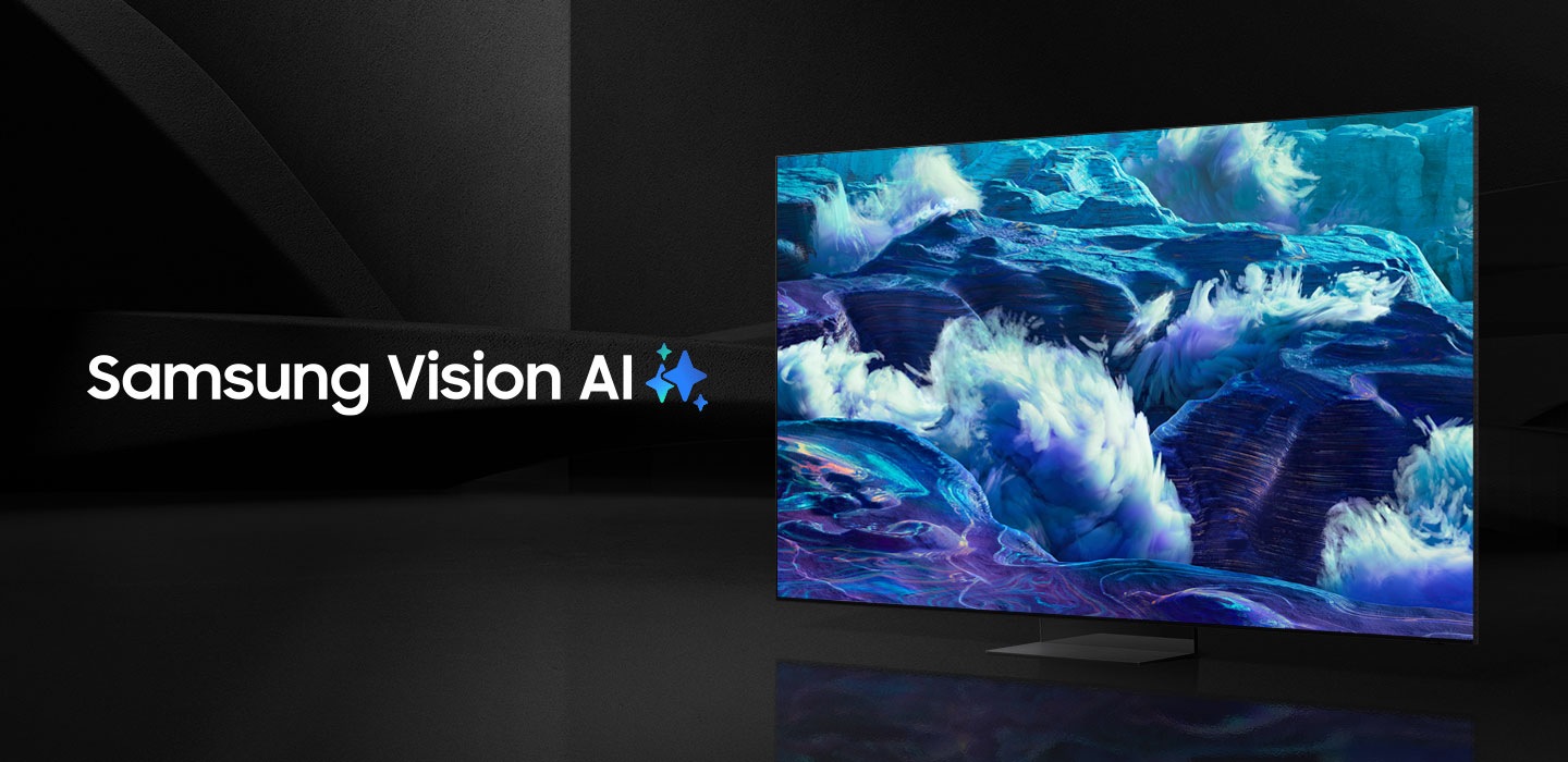 Dòng chữ Samsung Vision AI đi kèm với logo Samsung AI. Gần đó, một chiếc TV bật lên và hiển thị một cảnh quan màu xanh.