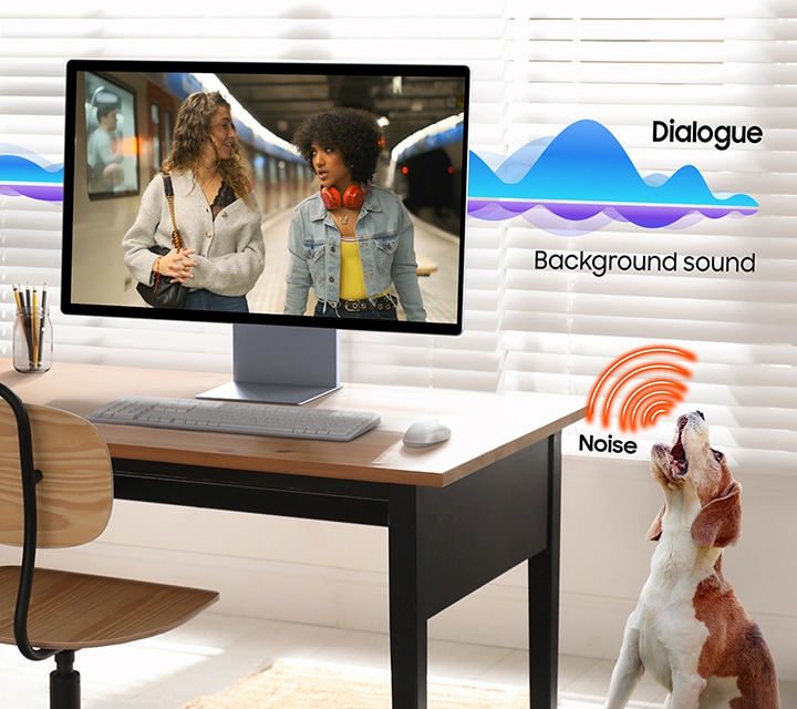 Thiết lập màn hình hiện đại và chú chó đang sủa. Công nghệ Active Voice Amplifier Pro tăng cường âm lượng thoại và giảm tiếng ồn xung quanh.