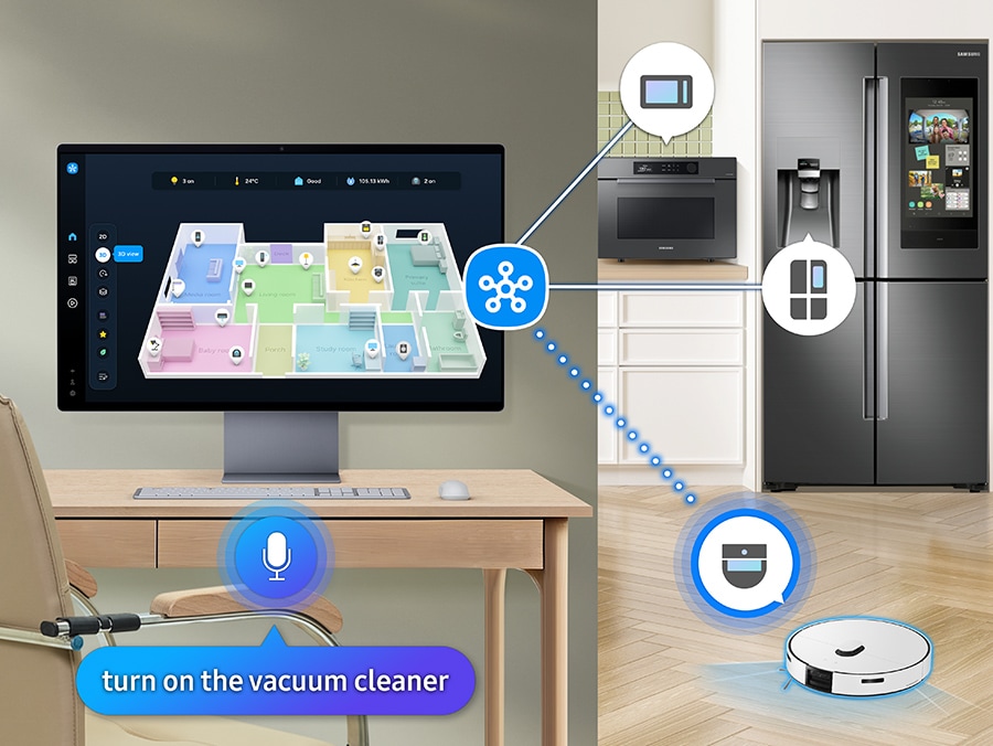 Màn hình hiển thị Chế độ xem bản đồ 3D các thiết bị trong nhà. Lò vi sóng, tủ lạnh và máy hút bụi kết nối với biểu tượng SmartThings. Biểu tượng micro cùng hộp thoại "bật máy hút bụi". Máy hút bụi được bật.