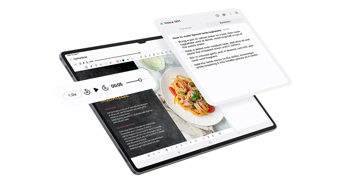 Màn hình thiết bị Galaxy Tab S10 Series với tính năng Trợ lý Note quyền năng đang mở. Khung cảnh  phóng to để hiển thị bút S Pen đang dần chạm vào biểu tượng "thêm lựa chọn" ở góc trên bên phải. Bút S Pen nhấn vào nút ghi âm giọng nói, bắt đầu ghi âm. Bút S Pen nhấn vào nút tóm tắt, và một tóm tắt của âm thanh được ghi xuất hiện ở bên phải của màn hình.