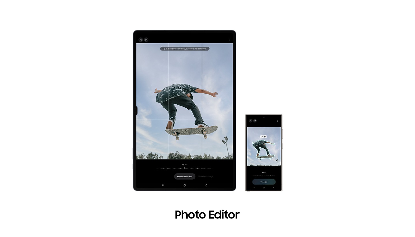 Mặt trước của thiết bị Galaxy Tab S10 Series ở chế độ dọc với ứng dụng Photo Editor đang mở, cho thấy bức ảnh một người đàn ông đang trượt ván. Cùng bức ảnh đó được hiển thị trên một thiết bị điện thoại Galaxy đứng cạnh máy tính bảng. Văn bản đọc Photo editor.