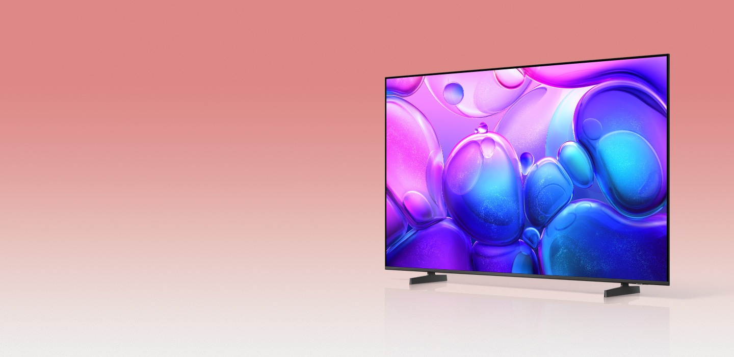 Một chiếc TV Samsung hiển thị họa tiết bong bóng màu tím trên màn hình.