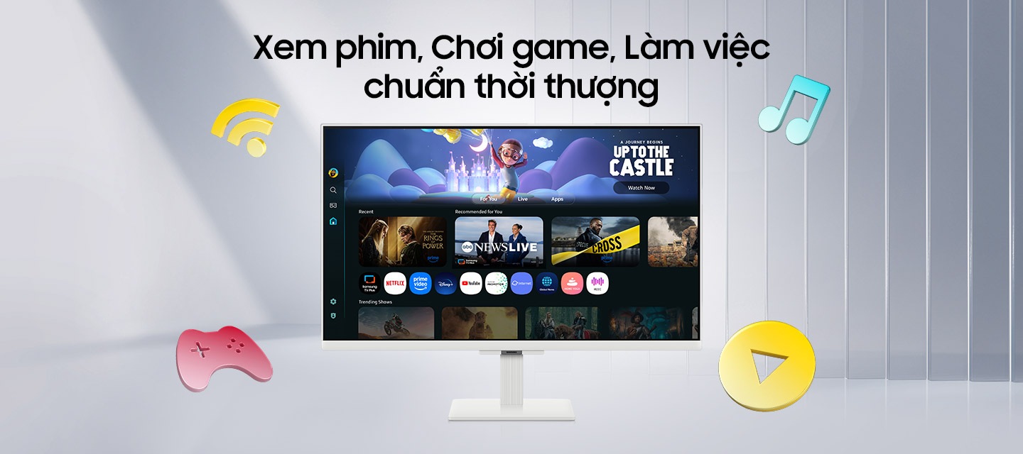 Xem, Chơi, L&agrave;m việc thật phong c&aacute;ch. M&agrave;n h&igrave;nh th&ocirc;ng minh Samsung M5 t&iacute;ch hợp Wi-Fi, m&aacute;y chơi game, nhạc v&agrave; c&aacute;c biểu tượng n&uacute;t ph&aacute;t. M&agrave;n h&igrave;nh hiển thị nhiều ứng dụng, nội dung v&agrave; bản xem trước của "UP TO THE CASTLE".