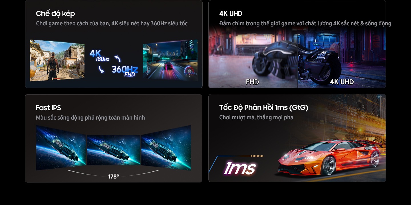 Chế Độ K&eacute;p. Chơi game theo c&aacute;ch của bạn, ở độ ph&acirc;n giải 4K hoặc 360Hz. Hai m&agrave;n h&igrave;nh hiển thị c&aacute;c tr&ograve; chơi kh&aacute;c nhau. Một tr&ograve; chơi được tr&igrave;nh chiếu ở độ ph&acirc;n giải 4K với tần số qu&eacute;t 180Hz, tr&ograve; c&ograve;n lại ở FHD với tần số qu&eacute;t 360Hz. 4K UHD. Đắm ch&igrave;m hơn nhờ h&igrave;nh ảnh 4K sắc n&eacute;t. Một chiếc m&ocirc; t&ocirc; đỗ trước t&ograve;a nh&agrave;. So với FHD, 4K UHD mang lại h&igrave;nh ảnh r&otilde; r&agrave;ng, sống động v&agrave; chi tiết hơn. Fast IPS. M&agrave;u sắc sống động tr&ecirc;n to&agrave;n m&agrave;n h&igrave;nh. Ba m&agrave;n h&igrave;nh đặt cạnh nhau hiển thị c&ugrave;ng một con t&agrave;u vũ trụ. Thời gian phản hồi 1ms. Giảm độ trễ để gi&agrave;nh nhiều chiến thắng hơn. H&igrave;nh ảnh một chiếc xe thể thao đang lao nhanh hết tốc lực.
