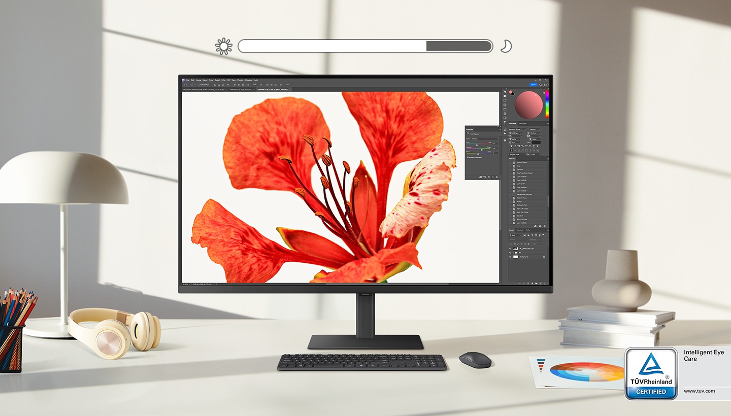 1) Độ sáng trên màn hình thay đổi dựa trên nguồn sáng từ bên ngoài. Logo TUV Rheinland với chứng nhận Intelligent Eye Care được hiển thị ở góc dưới bên phải của màn hình. Logo hiển thị địa chỉ trang web, www.tuv.com