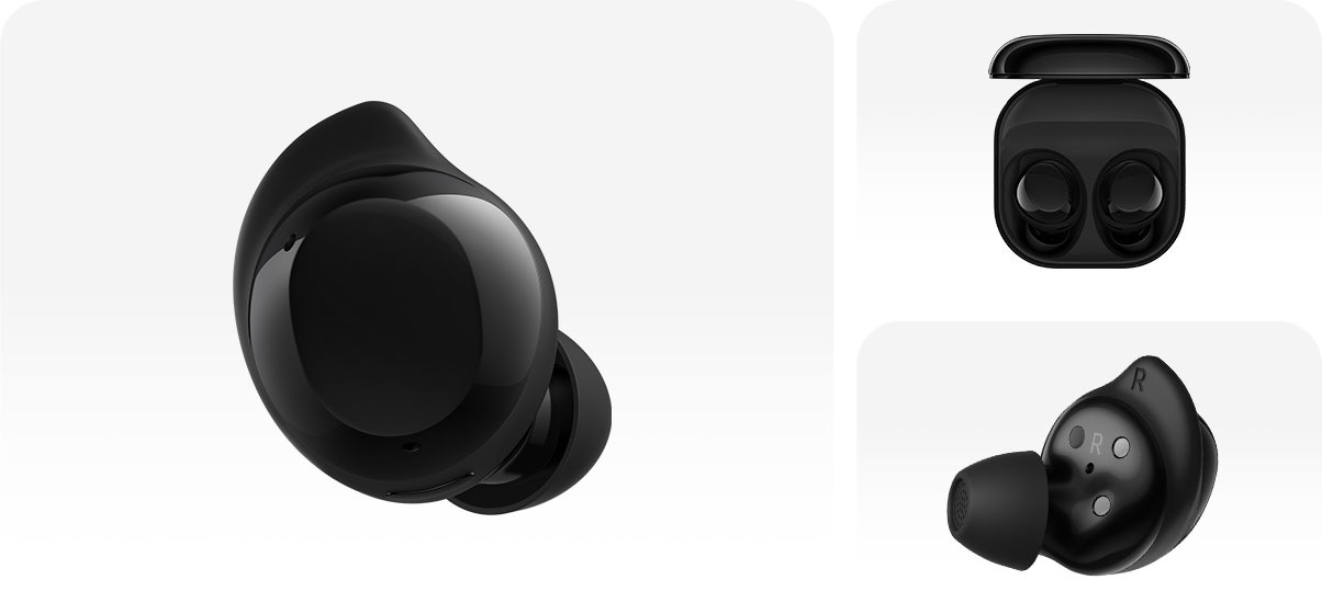 Một tai nghe Galaxy Buds Core màu đen đơn lẻ. Galaxy Buds Core màu đen trong hộp sạc. Một tai nghe Galaxy Buds Core màu đen đơn lẻ với phần đầu tai nghe và mặt trong hướng vào tai được làm nổi bật.