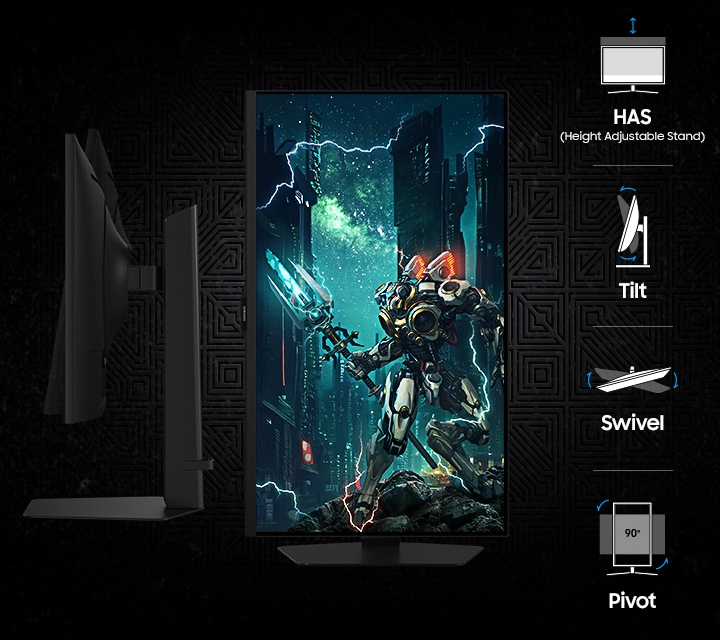 H&igrave;nh ảnh cạnh b&ecirc;n của m&agrave;n h&igrave;nh v&agrave; một m&agrave;n h&igrave;nh dọc hiển thị nh&acirc;n vật đầy đủ. C&oacute; c&aacute;c biểu tượng HAS (ch&acirc;n đế điều chỉnh độ cao), Tilt (nghi&ecirc;ng), Swivel (xoay) v&agrave; Pivot (xoay dọc).