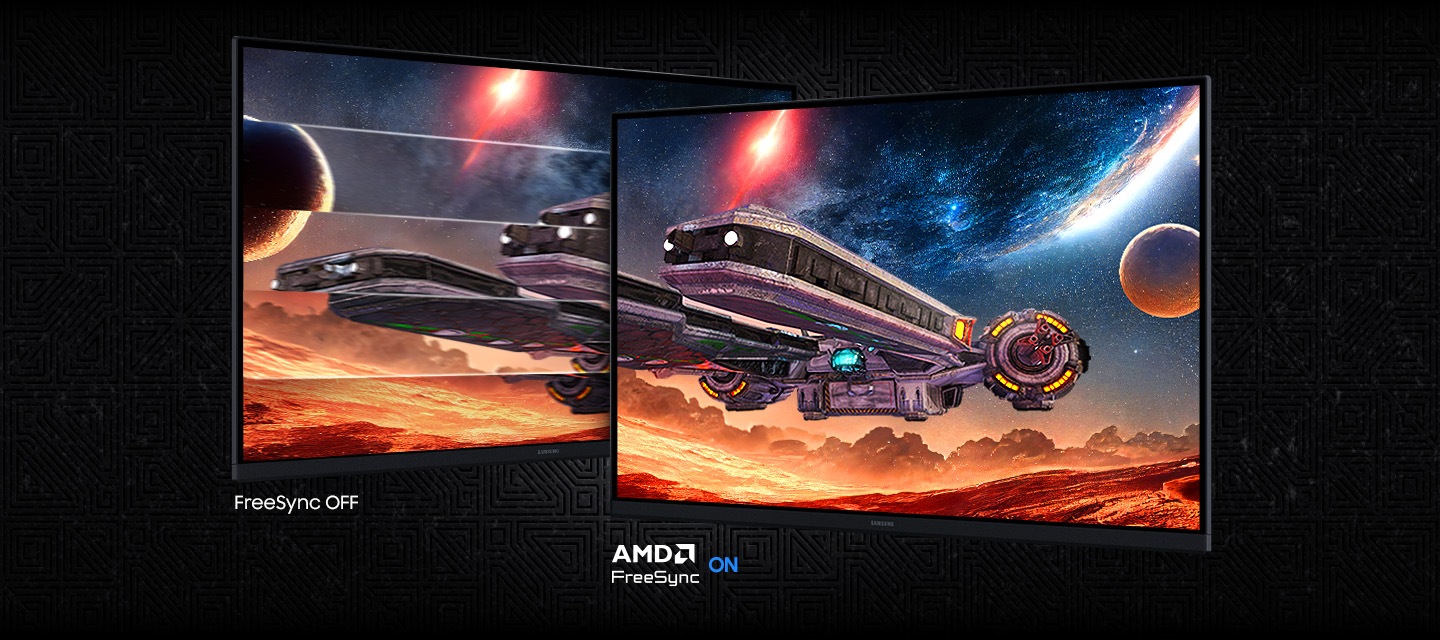 Hai m&agrave;n h&igrave;nh hiển thị một t&agrave;u vũ trụ trong kh&ocirc;ng gian. M&agrave;n h&igrave;nh FreeSync TẮT cho h&igrave;nh ảnh giật/lag hơn so với m&agrave;n h&igrave;nh AMD FreeSync BẬT.