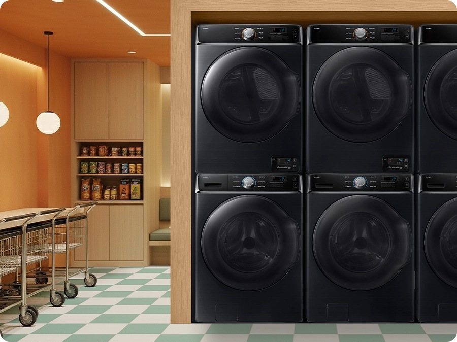 Máy giặt và máy sấy được lắp đặt theo chiều dọc trong các không gian hiện đại như phòng giặt, tiệm giặt ủi, cửa hàng quần áo, salon và khu nghỉ dưỡng. Hình ảnh cận cảnh cho thấy màn hình hiển thị ở phía trên máy giặt và phía dưới máy sấy. Bộ màn hình này cho phép xếp chồng máy sấy lên máy giặt và dễ dàng điều khiển máy sấy.