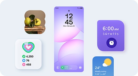 Màn hình khóa điện thoại thông minh hiển thị ứng dụng theo dõi chạy bộ Samsung Health trên thanh Now Bar ở cuối màn hình, với các tiện ích cho Thư viện, Hoạt động hàng ngày, Báo thức và Thời tiết hiển thị xung quanh màn hình.