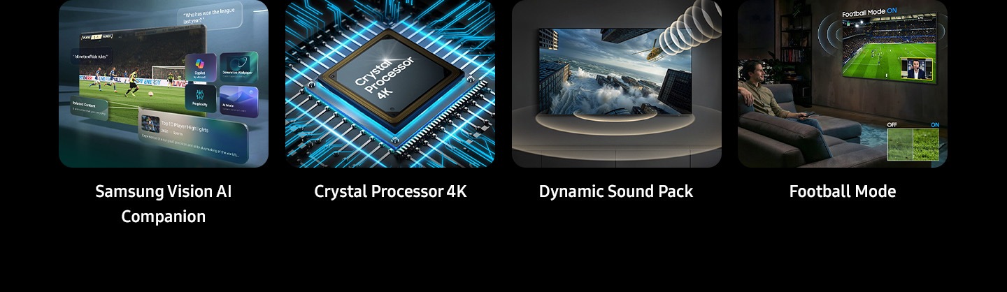 Tổng quan các tính năng nổi bật, bao gồm Trợ Lý Samsung Vision AI Companion, Bộ xử lý Crystal 4K, Gói âm thanh động và Chế độ Football Mode.