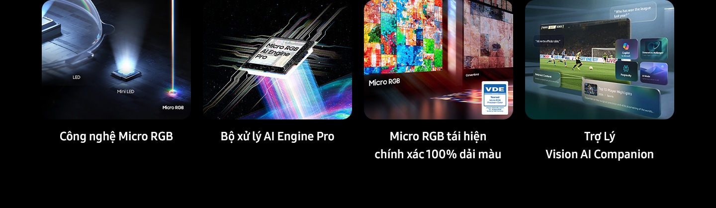Tổng quan các tính năng chính được hiển thị gồm: công nghệ Micro RGB so sánh giữa đèn LED, Mini LED và Micro RGB; bộ xử lý Micro RGB AI Engine Pro; và Micro RGB Precision Color 100 so với màn hình thông thường, kèm logoVDE (07/2025 – Đã thử nghiệm Micro RGB Precision Color, www.VDEinfo.com, ID: 40060498, thử nghiệm bởi VDE Đức). Trên màn hình TV Samsung là cảnh trận bóng đá, xung quanh hiển thị các khả năng của trợ lý ảo Vision AI Companion như các biểu tượng Copilot bởi Microsoft, Generative Wallpaper, Perplexity và AI Mode, cùng các gợi ý như câu hỏi của người dùng, Nội dung đề xuất và Top 10 Player Highlights.