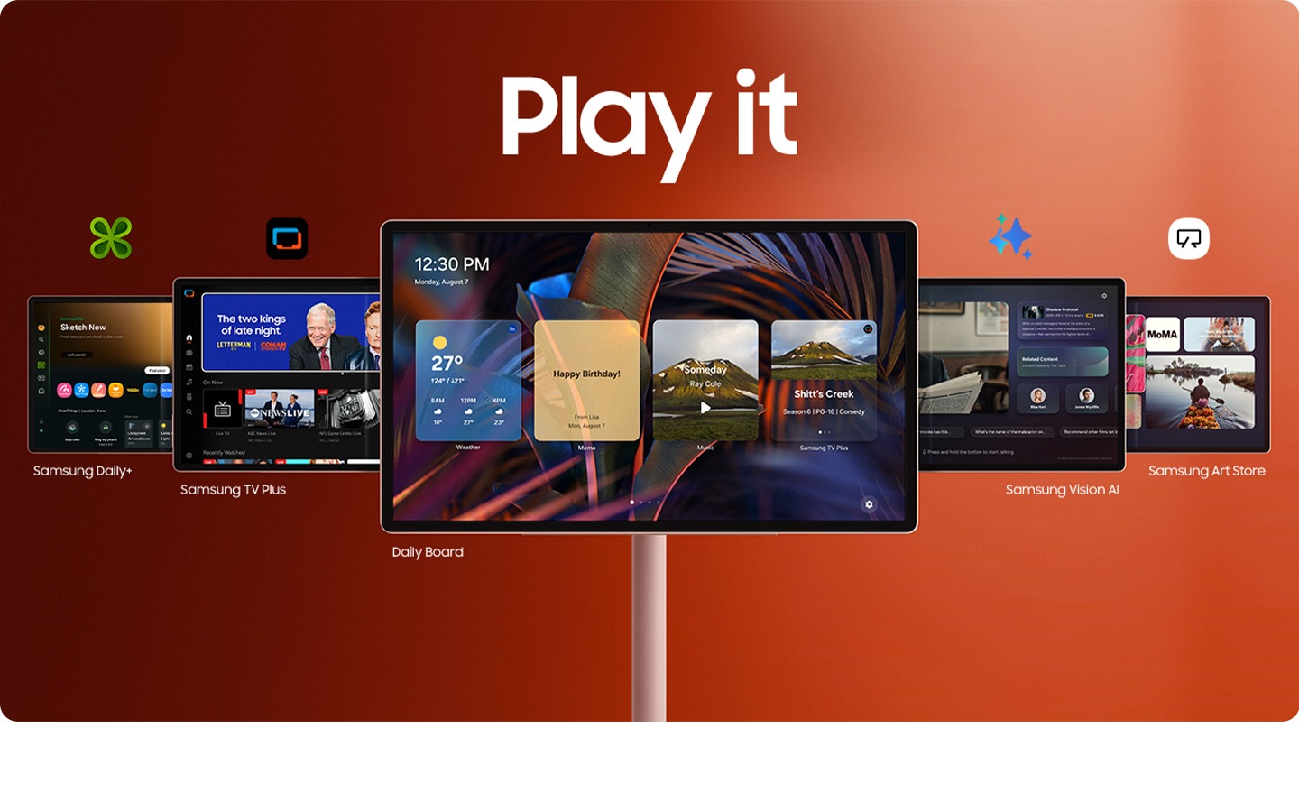 Các tùy chọn giải trí Samsung Daily+, Samsung TV Plus, Daily Board, Samsung Vision AI và Samsung Art Store với các biểu tượng tương ứng được hiển thị trên nhiều màn hình của The Movingstyle. Hãy thử ngay.