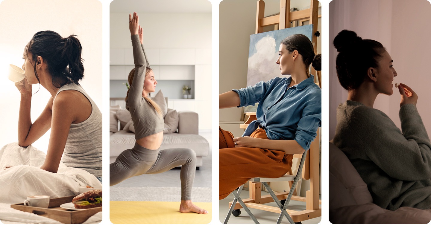 Các tình huống khác nhau về cách sử dụng The Movingstyle được thể hiện lần lượt, bao gồm một phụ nữ ăn sáng trên giường, một phụ nữ tập thể dục trong phòng khách, một phụ nữ thưởng thức tác phẩm nghệ thuật và một phụ nữ xem phim.
