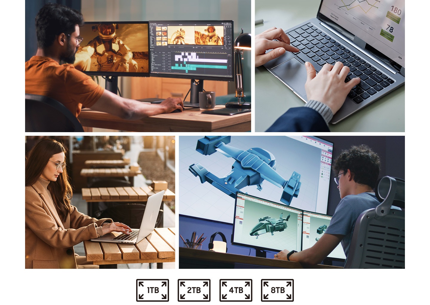 Các trường hợp sử dụng trên máy tính để bàn (PC) và laptop được trình chiếu. Phía dưới là các biểu tượng dung lượng: 1TB, 2TB, 4TB và 8TB