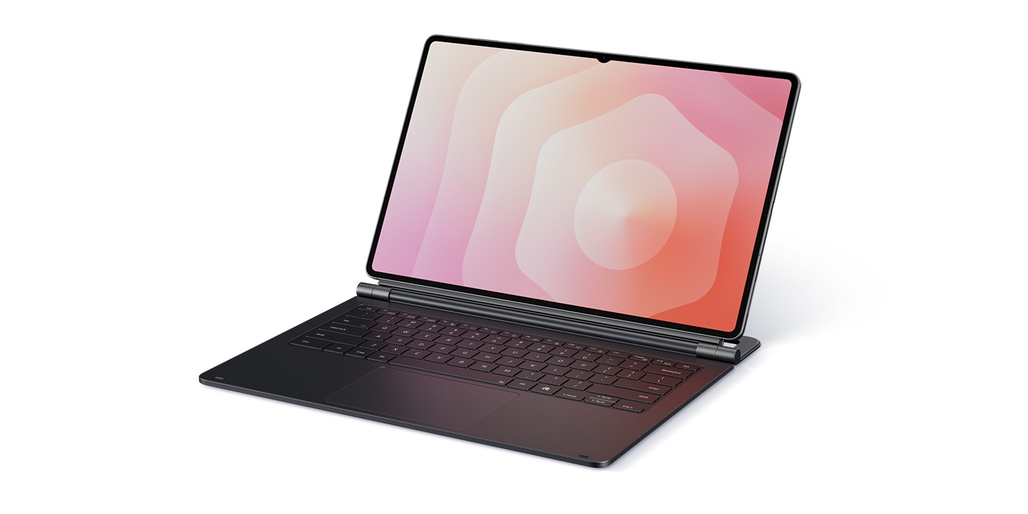 Bao da bàn phím Pro Galaxy Tab S11 Ultra được cài đặt vào máy tính bảng, nằm ở phía dưới. Hình dạng đóng của bàn phím được hiển thị trước khi mở ra. Hình nền sẽ lấp đầy màn hình máy tính bảng.