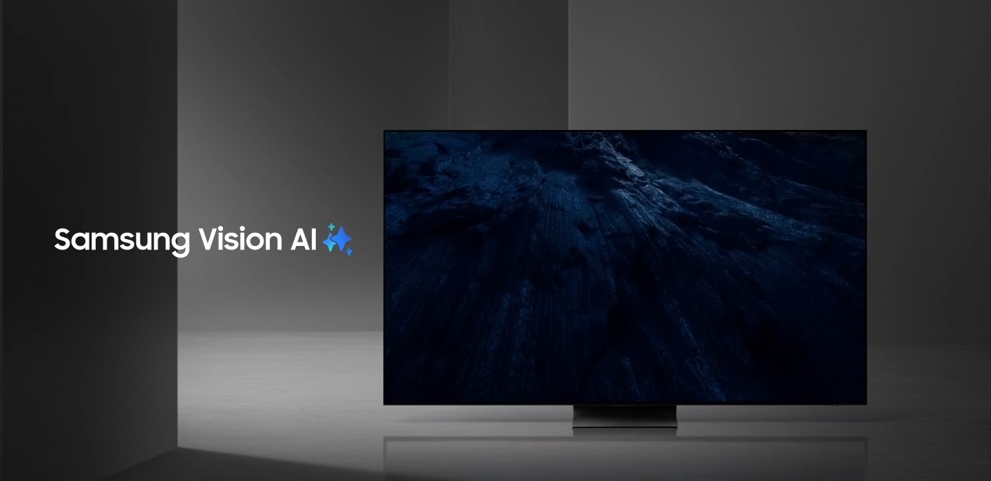 TV Samsung OLED trình chiếu một cảnh phong cảnh trừu tượng gợi cảm giác như những tảng băng trôi cùng những rặng đá, với các họa tiết màu xanh lam và xanh ngọc lam uốn lượn tạo nên những vách đá đa tầng giữa một bầu không gian băng giá huyền ảo và rực sáng. Logo Samsung Vision AI.
