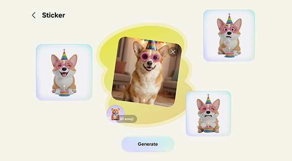 Một bức ảnh chụp chú chó đeo kính râm đã được sử dụng để tạo ra bộ nhãn dán gồm nhiều cảm xúc khác nhau trong Creative Studio.