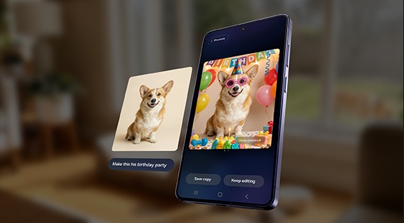 Bạn có thể nhìn thấy bức ảnh một chú chó. Trong Photo Assist - chỉnh sửa ảnh thế hệ mới , người dùng có thể mô tả những gì cần thay đổi bằng cách nhập câu lệnh bằng văn bản. Sau khi gõ “Biến ảnh này thành ảnh bữa tiệc sinh nhật của chú chó”, nhấn nút Tạo. Galaxy AI biến đổi bức ảnh bằng cách thêm nhiều phụ kiện theo chủ đề sinh nhật lên chú chó và xung quanh.