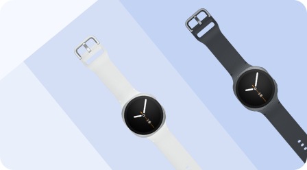 Hai Galaxy Watch8, một màu Graphite và một màu Silver, được hiển thị từ góc nhìn từ trên xuống. 