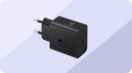 45 W Super Fast Charger 2.0 in Black shown from the side view with text Low Standby on the top side.