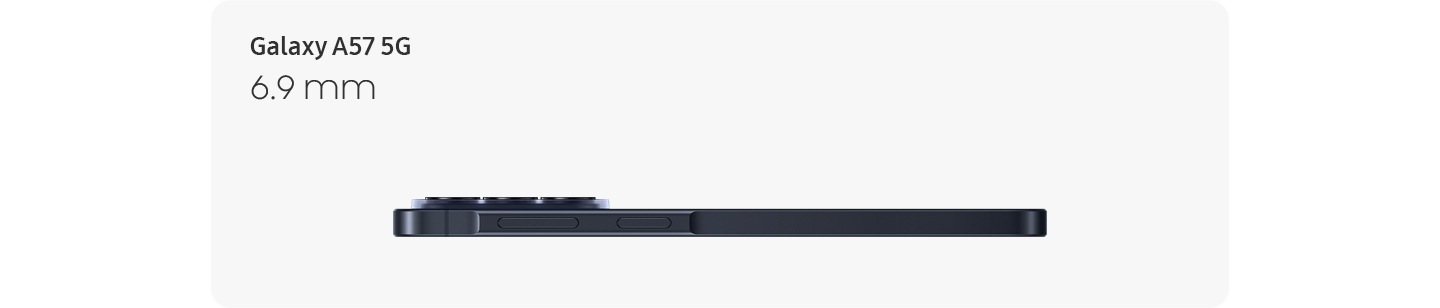 Galaxy A57 5G màu Xanh Đêm được hiển thị theo phương ngang ở góc nhìn cạnh, làm nổi bật thiết kế mỏng chỉ 6,9 mm.