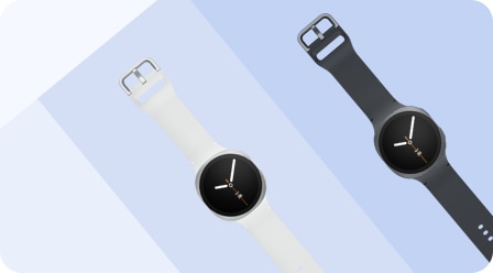 Hai chiếc Galaxy Watch8, một màu Than chì và một màu Bạc. Được nhìn thấy từ phía trên.