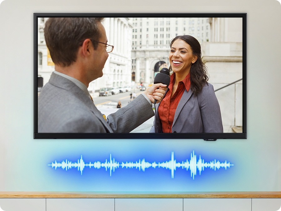 Sóng âm bên dưới tivi thay đổi hình dạng khi âm thanh tivi thích ứng với bản tin, dàn nhạc và trận đấu bóng rổ đang được phát sóng.